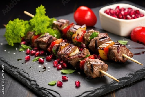 presentation of lamb kebabs and pomegranate seeds on a slate board
