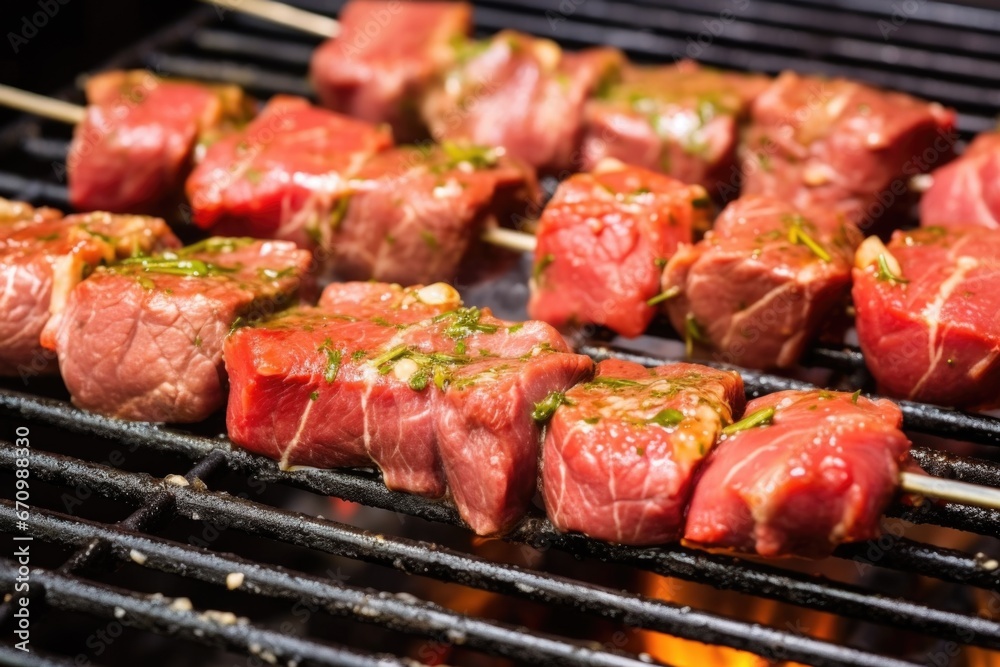 raw skewered pieces of marinated beef on a grill