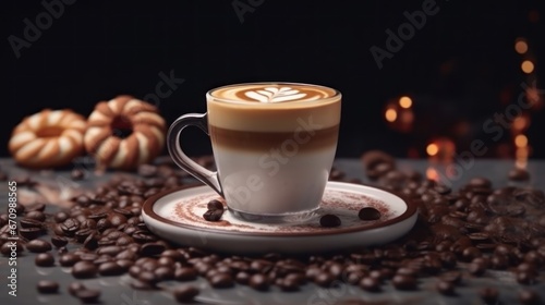 Cup of cappuccino with latte art on wooden table. Coffee Concept With Copy Space