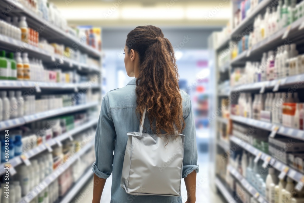 Rear view of young woman with bag standing against shelf in pharmacy Rear view of young woman with bag standing against shelf in pharmacy