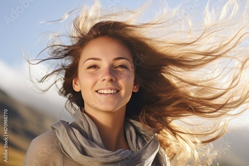 Portrait of young smiling woman face partially covered with flying hair in windy day