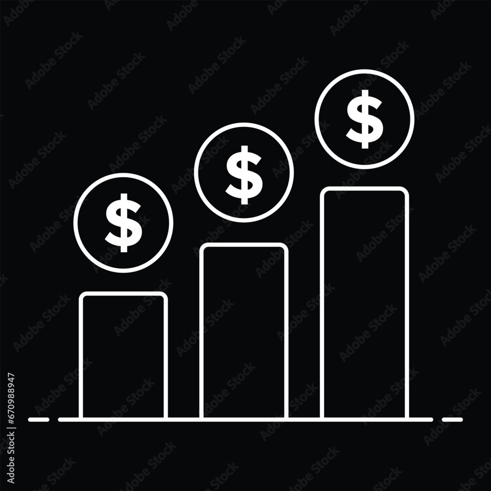 A multi tier savings icon with three bars and a dollar sign above each, representing savings goals, financial planning, and financial goals. A multi tier savings icon with three bars and a dollar sign above each, representing savings goals, financial planning, and financial goals.