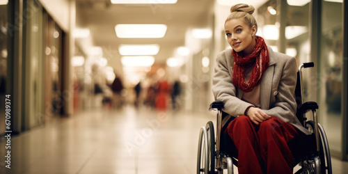 Fashionable woman in wheelchair, looking round shopping Centre 