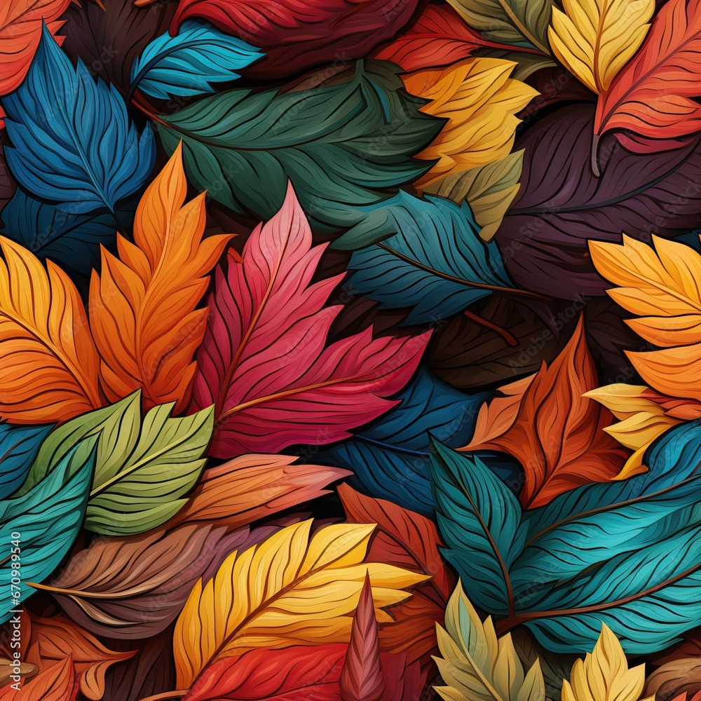Watercolor style fallen autumn leaves seamless pattern. Fall botanical background in red, yellow, blue, purple and green colors for fabrics and textiles. Generative AI Watercolor style fallen autumn leaves seamless pattern. Fall botanical background in red, yellow, blue, purple and green colors for fabrics and textiles. Generative AI