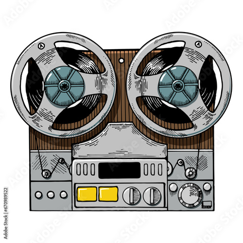 Tape recorder engraving sketch style hand drawn color vector illustration. Scratch board style imitation. Hand drawn image.