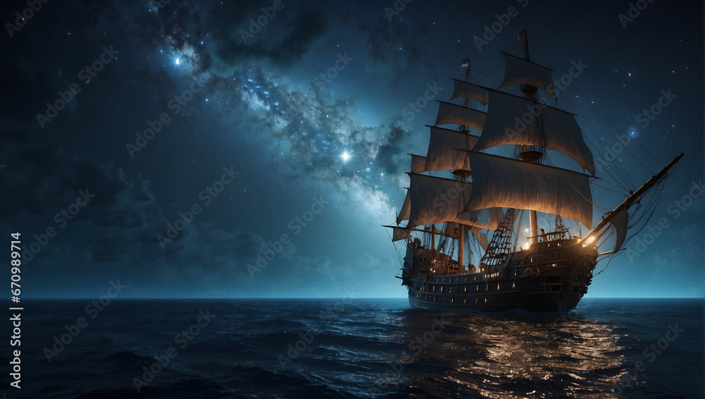 Fototapeta premium ship in the sea at night
