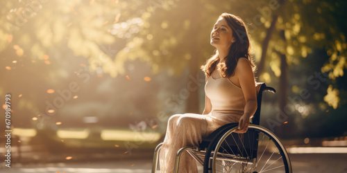 Woman in wheelchair, exercising on summers morning, shafts of light coming through the trees