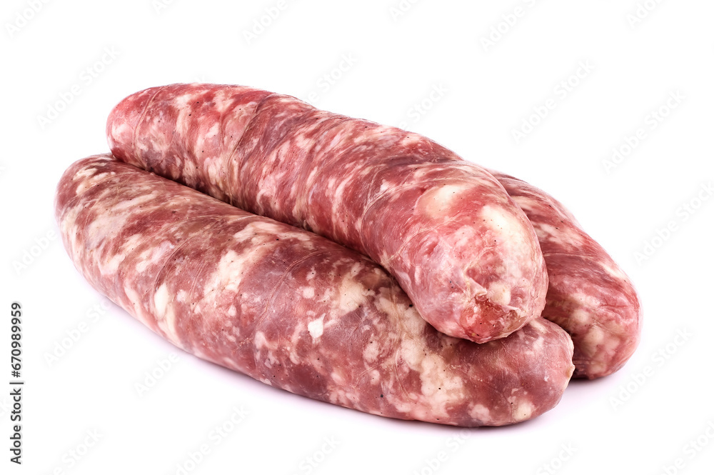 Raw sausage isolated on white background.