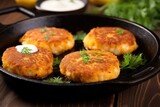 side view of smoked catfish patties on skillet