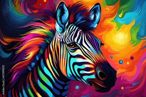Painting of a multi-colored zebra. Abstract painting for interior decoration in a modern style with chaotic strokes and splashes. Generated by artificial intelligence