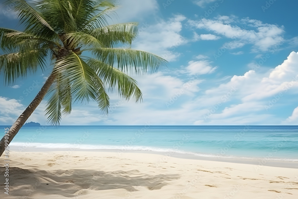 tropical beach view at sunny day with white sand, turquoise water and palm tree. Neural network generated image. Not based on any actual scene or pattern.