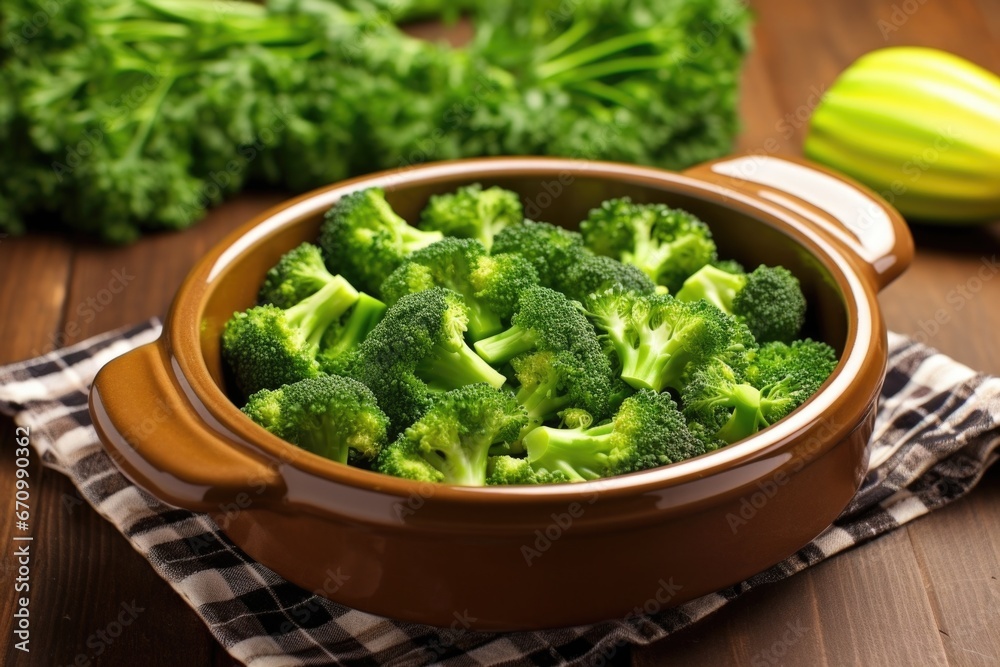 smoked broccoli florets in a rustic ceramic dish smoked broccoli florets in a rustic ceramic dish