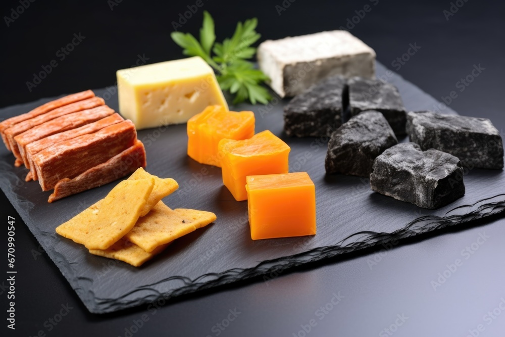 smoked cheese varieties arranged on a charcoal slate