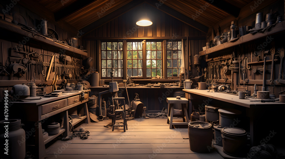 Woodworking workshop. An old shed type wood worker or carpenter's work place with old tools on the wall and rustic feel. . - obrazy, fototapety, plakaty 