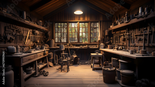 Woodworking workshop. An old shed type wood worker or carpenter's work place with old tools on the wall and rustic feel. .