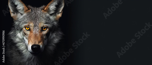 Front view of a jackal on black background. Wild animals banner with empty copy space photo