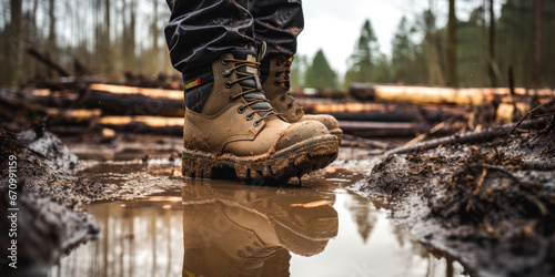 Workmans muddy boots walking through the puddles photo