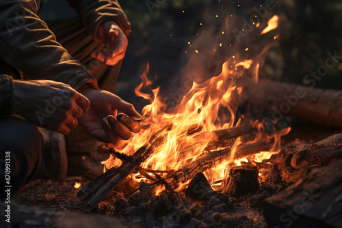 Man kindles a bonfire, balefire, fire and flames, illustration. Generative AI. Survival, campfire, burn, burning and fiery, camp and campground, image