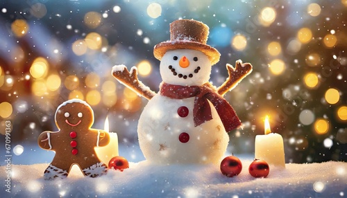 Christmas gingerbread cookies with snowman and decoration © Ümit