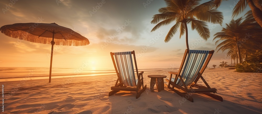 palm trees ,Beach chairs and umbrellas on sandy beach in tropical beach with sunset view