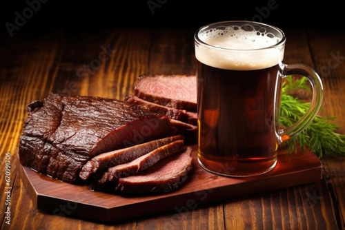 stout beer in a pint glass, thin slices of beef brisket