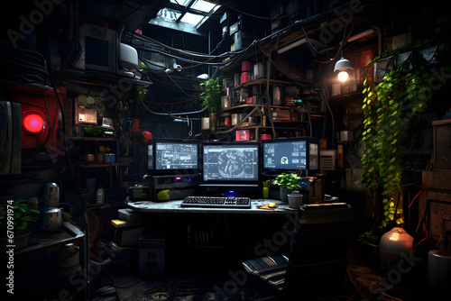 Messy and dark hi-tech cyberpunk hacker hideout room. Neural network generated image. Not based on any actual person or scene. photo