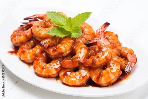 close-up view of bbq shrimp on a white ceramic plate