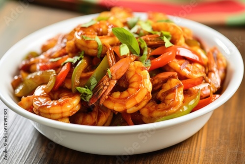 bbq shrimp tossed in a bowl with sweet and sour sauce