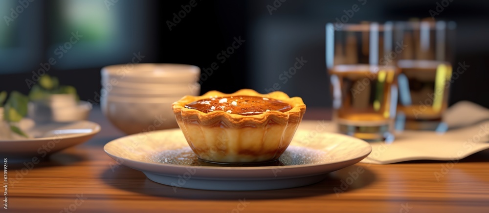 Pastel de Nata served on a wooden dining table