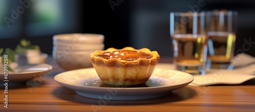 Pastel de Nata served on a wooden dining table