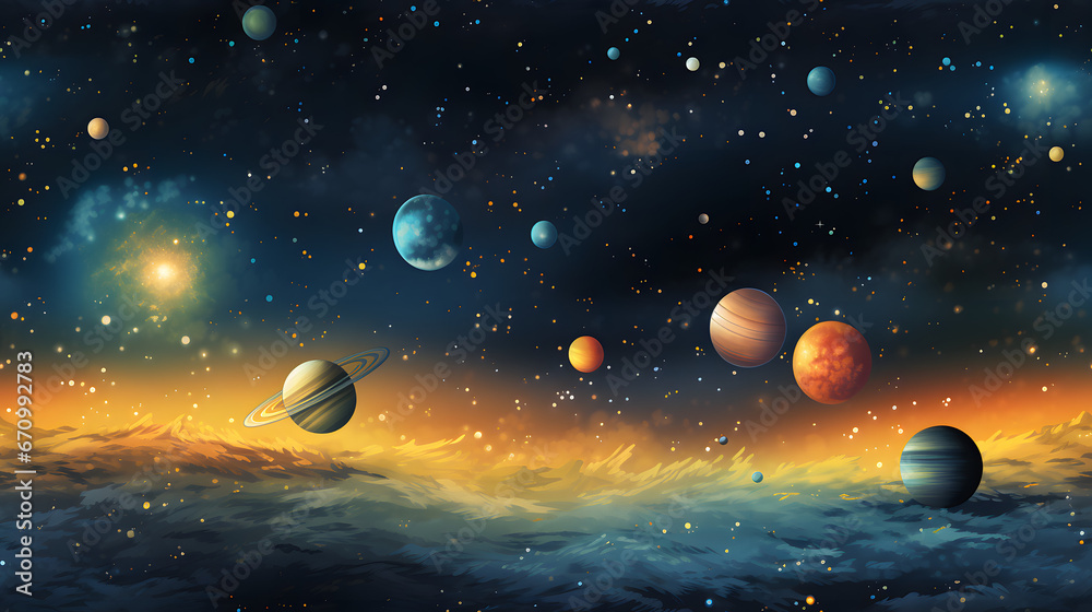 Celestial sky with glowing planets and moons pattern Celestial sky with glowing planets and moons pattern
