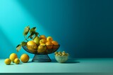Still life with fruits on a blue background. 3d render.
