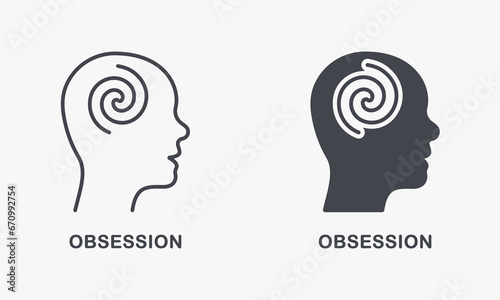 Mental Obsession in Human Head Silhouette and Line Icon Set. Depression, Hypnosis Psychology Therapy Pictogram. Mind Disorder Symbol Collection. Intellectual Process. Isolated Vector Illustration
