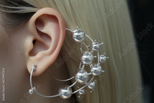 illustration of close up of ear with silver pinballs floating over,Generative ai