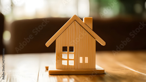 Wooden house model on wood background, a symbol for construction , ecology, loan, mortgage, property or home.Family life and business real estate concept.