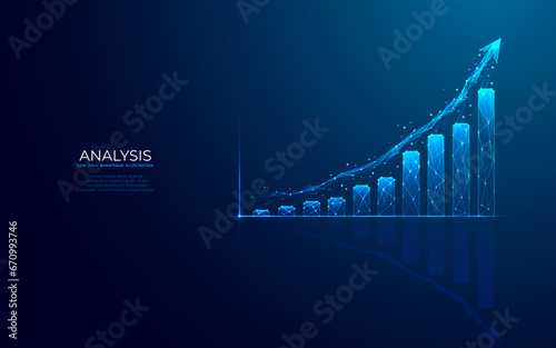 Digital growth graph chart with up arrow on technology blue background. Business and financial concept. Stock market and investment symbol. Low poly wireframe vector illustration in futuristic style.
