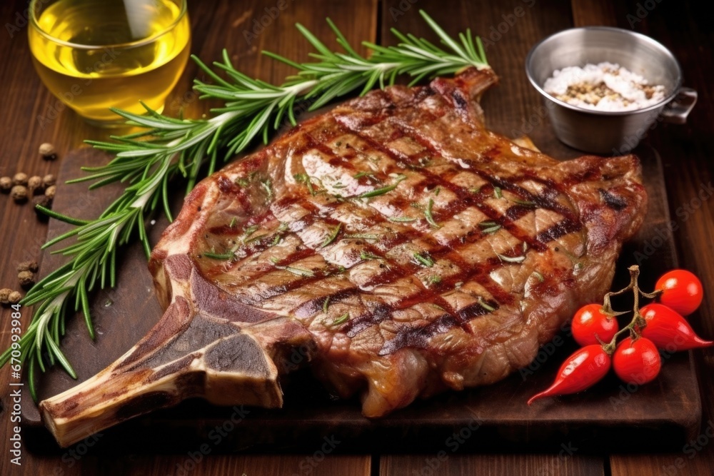 grilled t-bone steak with grill marks and sprinked rosemary