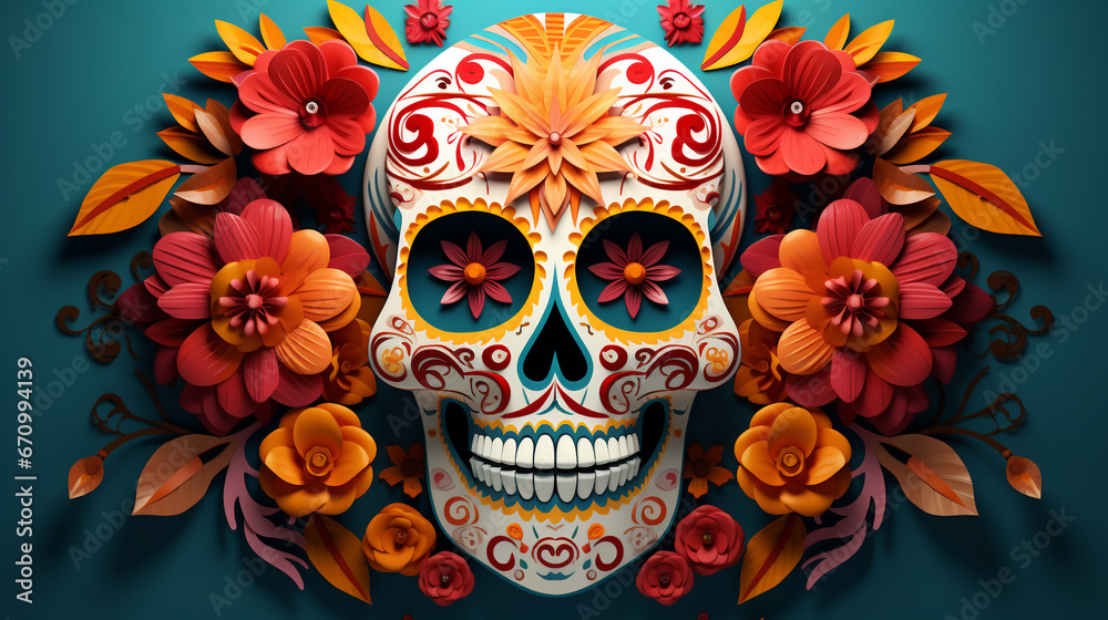 Di De Los Muertos, on a colorful flower background, sharp lines, ultra highly, Mexican holiday.