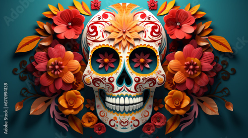 Di De Los Muertos, on a colorful flower background, sharp lines, ultra highly, Mexican holiday.