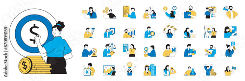 Business concept with people situations mega set in flat web design. Bundle scenes of investment, teamwork, success strategy, other. Vector illustrations for social media banner, marketing material.