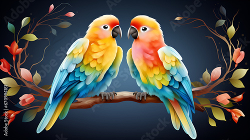 two parrots in the night, A colorful parrot on a branch with flowers, Bird love