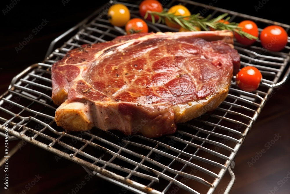 a t-bone steak resting on a metal grill rack