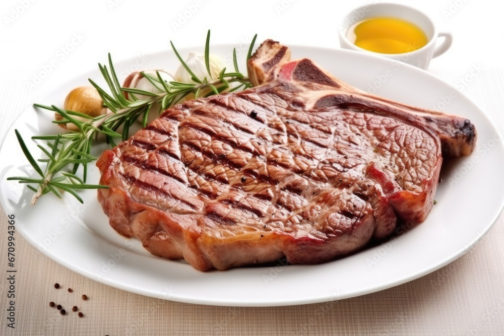 t-bone steak with grill marks on classic porcelain white dish t-bone steak with grill marks on classic porcelain white dish