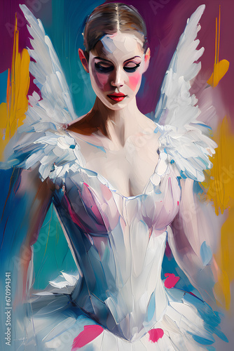Digital oil painting of a ballerina in a swan lake tutu with feathered wings on her back. Half body pose