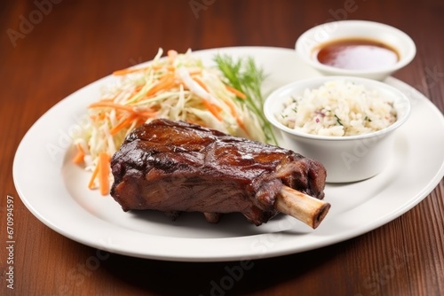 bbq beef ribs served on a restaurant plate with a side of coleslaw