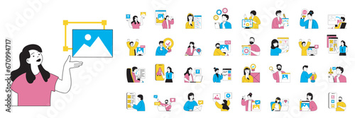 Design and development concept with people situations mega set in flat web design. Bundle scenes of graphic designing and coding. Vector illustrations for social media banner, marketing material.