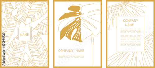 Tropical leaf poster set. Golden line tropic foliage vertical banners. Exotic leaf outline tropical background. Vector template for wedding invitation, hotel bar menu decoration, wall art print.