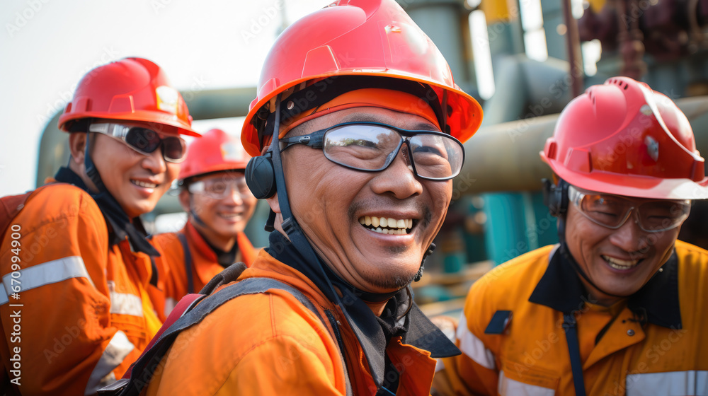 Asian offshore oil rig worker wearing personal protective equipment
