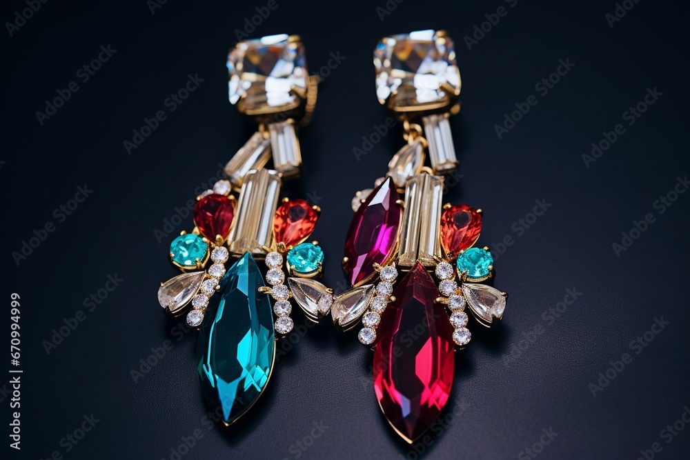 illustration of Colorful crystal earrings paired with gold and silve background,Generative ai