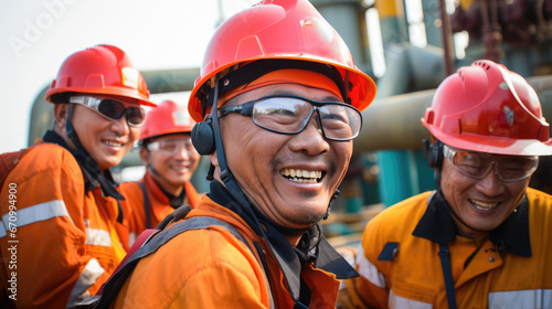 Asian offshore oil rig worker wearing personal protective equipment